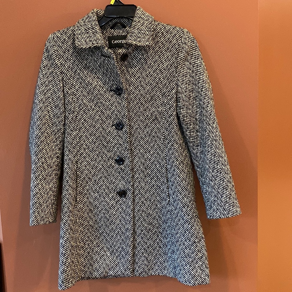 George Black and White Herringbone Coat